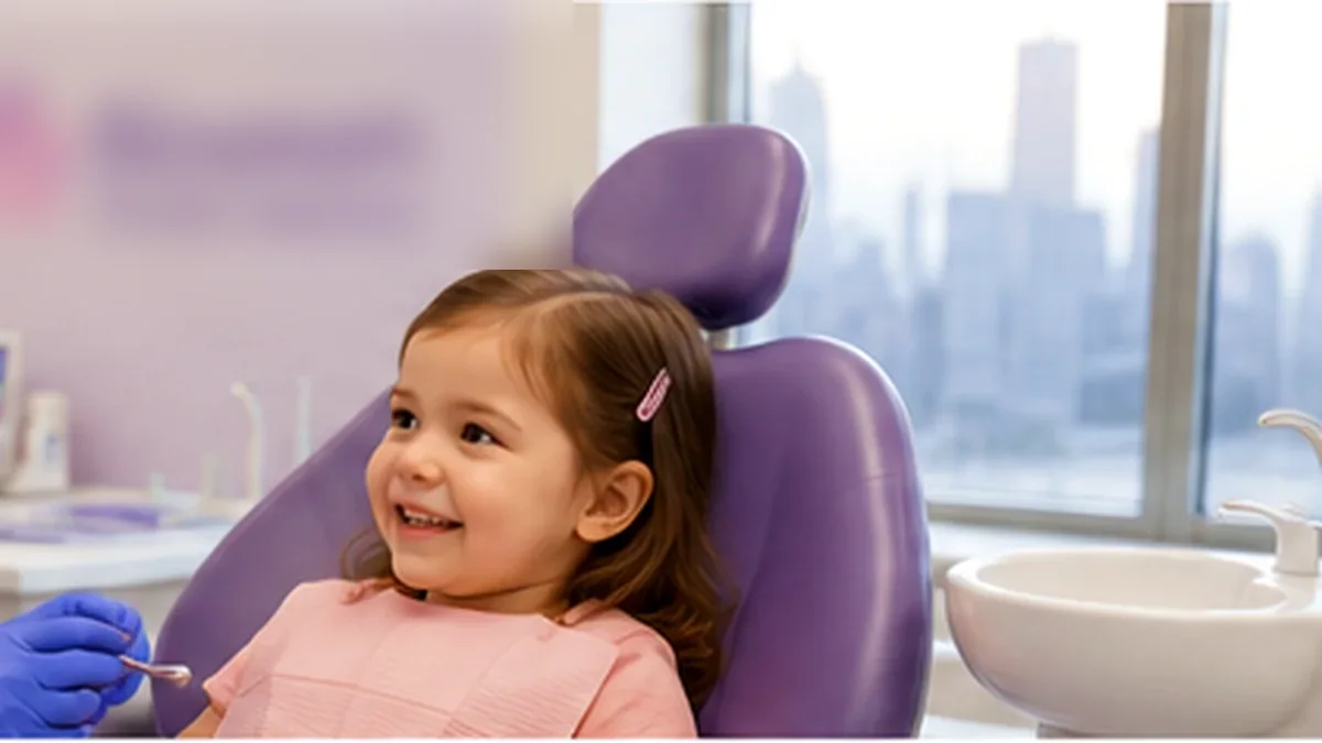 Pediatric dentist examining a child during an airway-focused dental visit in New York City