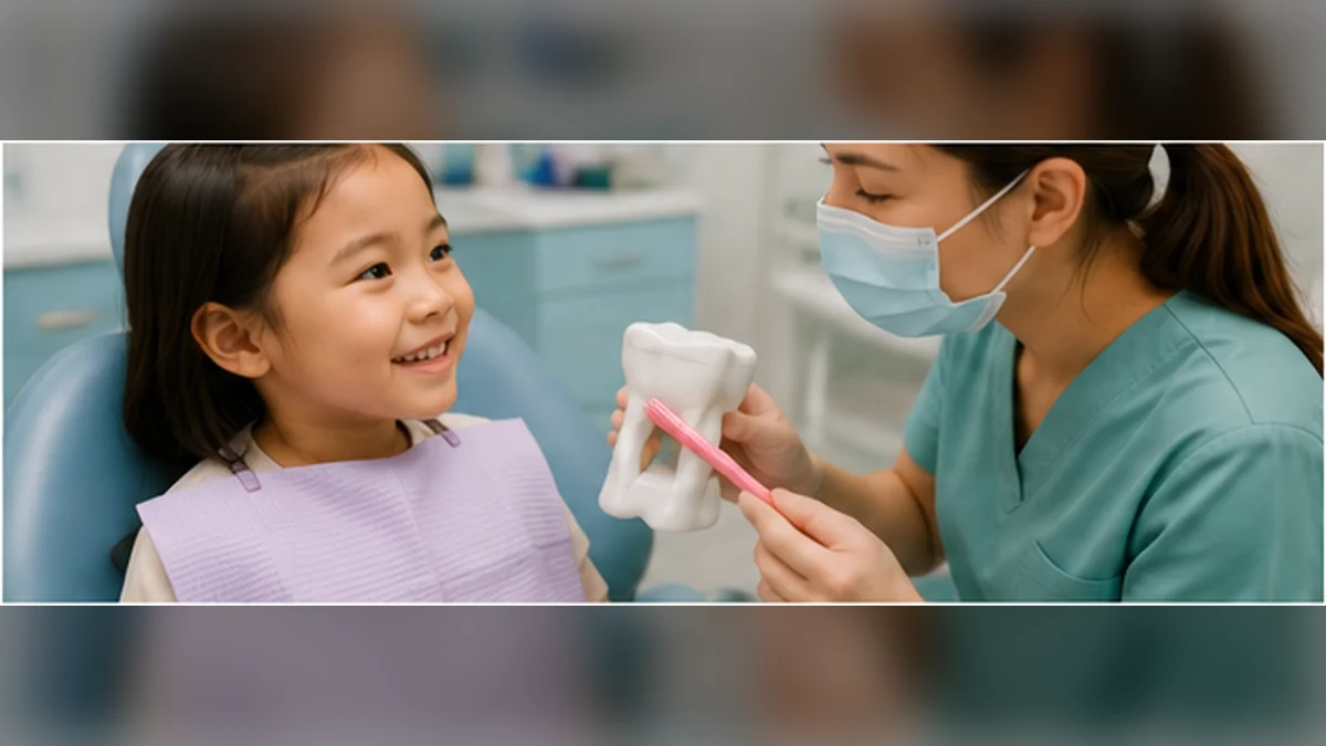 Pediatric dentist using a tooth model to explain crown treatment options to a child in NYC