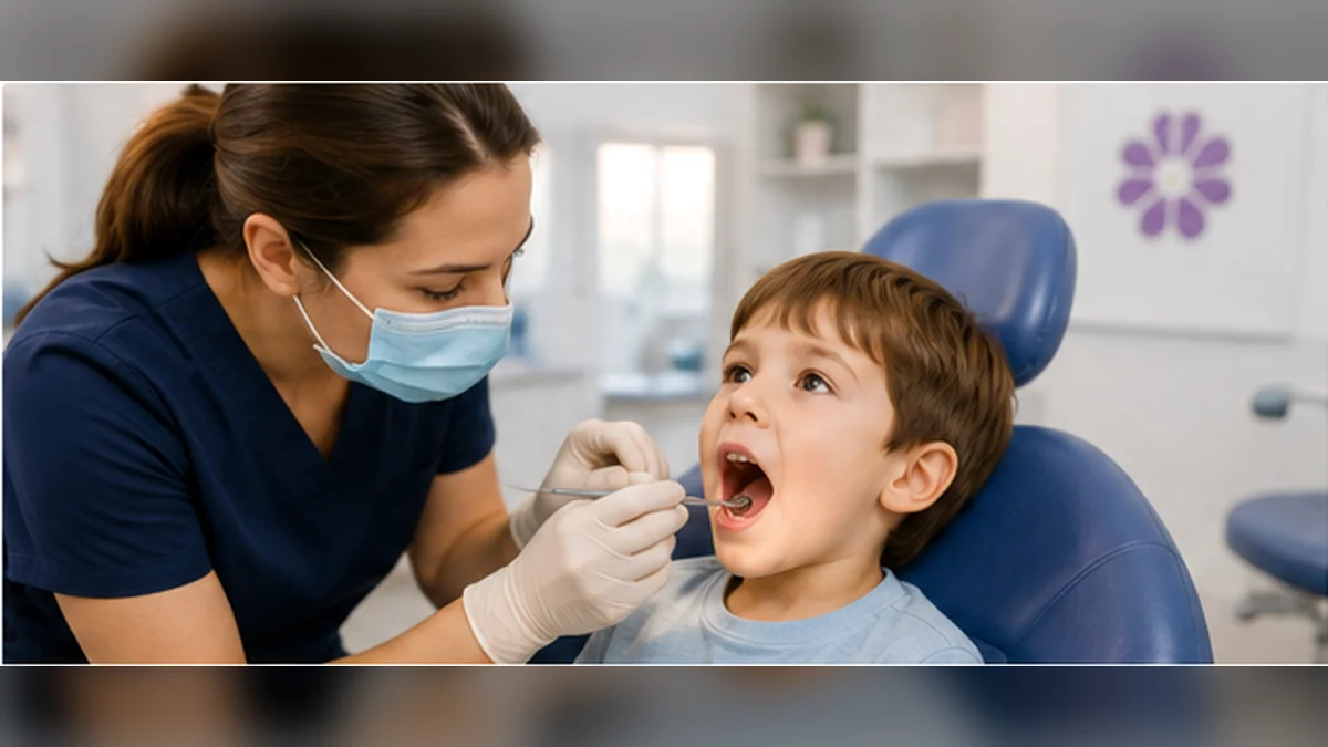 Pediatric dentist gently examining a child during an evaluation after early baby tooth loss