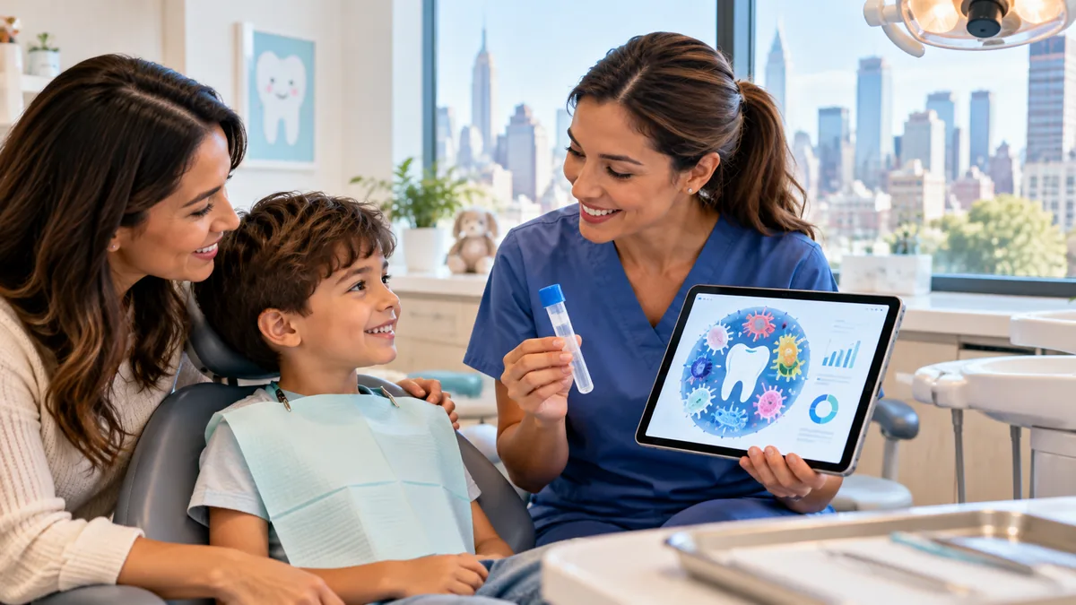 Pediatric dentist discussing oral microbiome testing with a child and parent in a bright NYC dental office